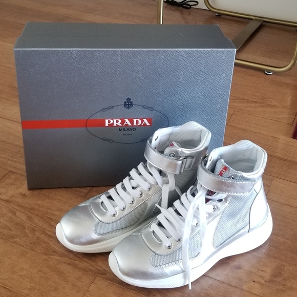 silver metallic prada sneakers
